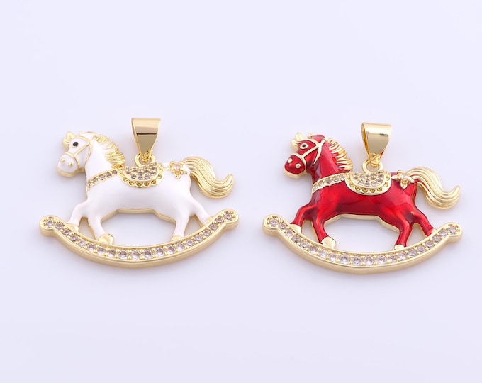 1 pcs Gold Enamel Rocking Horse Pendant,18K Gold Filled Horse Charm,CZ Animal Charms DIY Bracelet Necklace Jewelry Making Findings Supply
