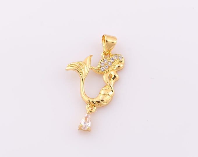 1 pcs Gold CZ Mermaid Pendant,18K Gold Filled Mermaid Charm,Mermaid Charm DIY Bracelet Necklace Jewelry Making Findings Supply