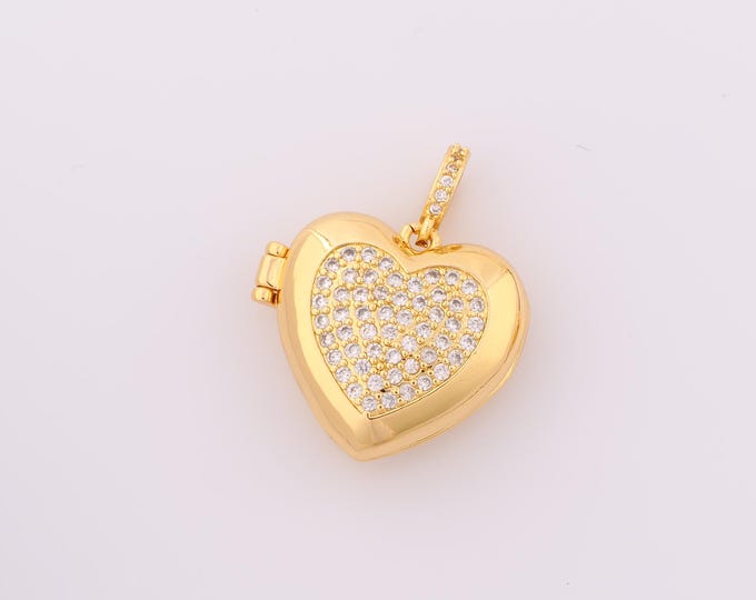1 pcs Gold CZ Heart Pendant,18K Gold Filled Photo Frame Charm,Heart Charm DIY Bracelet Necklace Jewelry Making Findings Supply