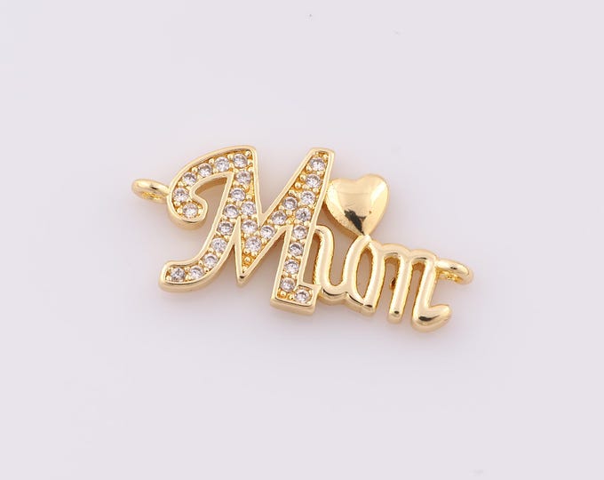 1 pcs Gold Letter Connector,18K Gold Filled CZ MOM Connector,Heart Connector DIY Bracelet Necklace Jewelry Making Findings Supply