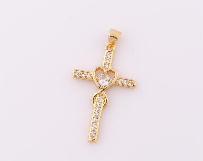 1 pcs Gold CZ Cross Pendant,18K Gold Filled Religion Charm,Heart Charm DIY Bracelet Necklace Jewelry Making Findings Supply