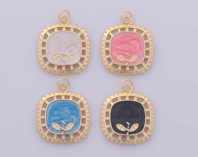 1 pcs Gold Enamel Flower Pendant,18K Gold Filled Square Charm,Leaf Charms DIY Bracelet Necklace Jewelry Making Findings Supply