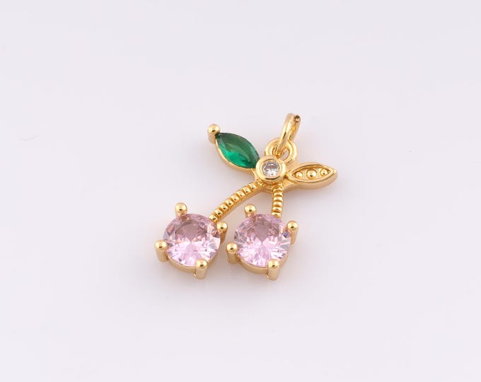 1 pcs Gold CZ Cherry Pendant,18K Gold Filled Fruit Charm Cherry Charms,DIY Bracelet Necklace Jewelry Making Findings Supply