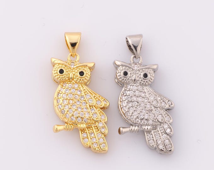 1 pcs Gold CZ Owl Pendant,18K Gold Filled Owl Charm,Owl Charm DIY Bracelet Necklace Jewelry Making Findings Supply