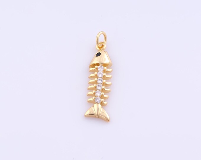 1 pcs Gold CZ Fishbone Pendant,18K Gold Filled Fishbone Charm,Fishbone Charms DIY Bracelet Necklace Jewelry Making Findings Supply