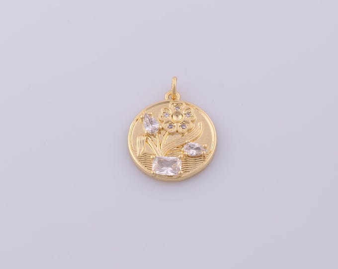 1 pcs Gold CZ Flower Pendant,18K Gold Filled Round Charm,Flower Charms DIY Bracelet Necklace Jewelry Making Findings Supply