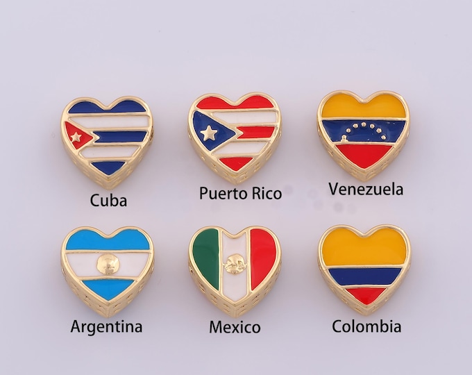 1 pcs 18K Gold Filled Enamel National Flag Spacer Beads,Heart Flag Beads,National Beads for DIY Jewelry Making Findings Supply