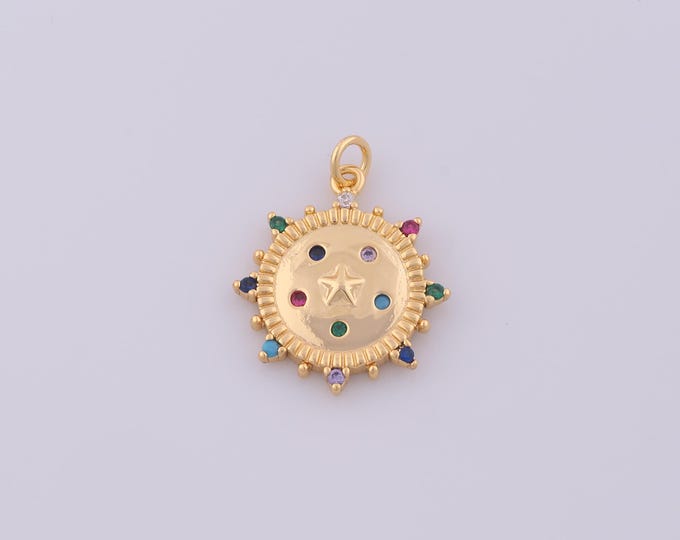 1 pcs Gold CZ Round Pendant,18K Gold Filled Star Charm,Disc Charms DIY Bracelet Necklace Jewelry Making Findings Supply