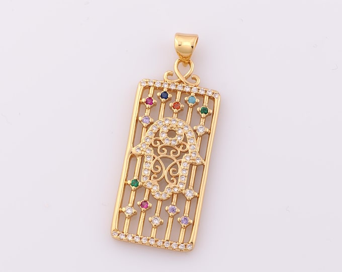 1 pcs Gold CZ Hamsa Pendant,18K Gold Filled Square Charm,Fatima Charm DIY Bracelet Necklace Jewelry Making Findings Supply
