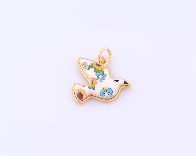 1 pcs Gold Enamel Peace Dove Pendant,18K Gold Filled Sunflower Charm,Animal Charms DIY Bracelet Necklace Jewelry Making Findings Supply