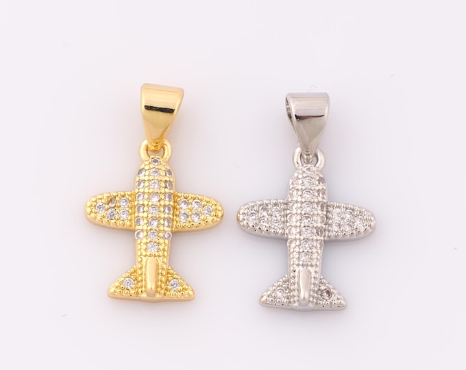 1 pcs Gold CZ Airplane Pendant,18K Gold Filled Airplane Charm,Airplane Charm DIY Bracelet Necklace Jewelry Making Findings Supply