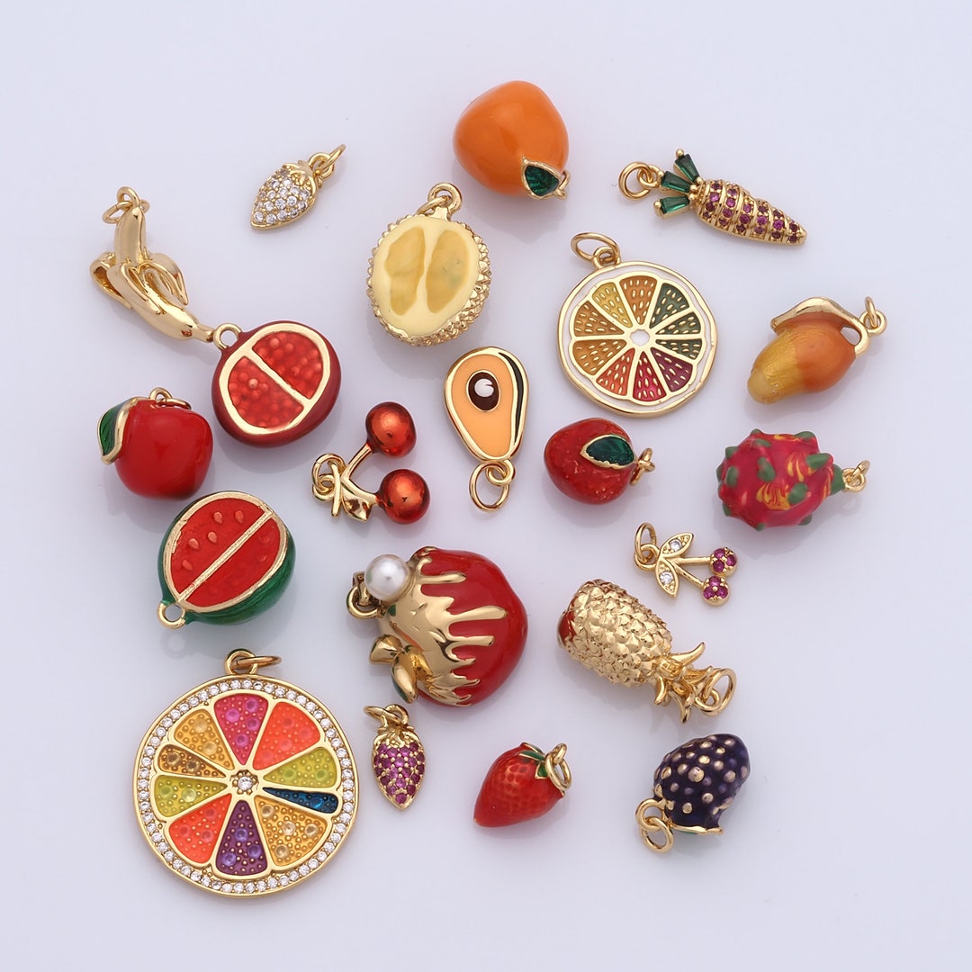 1 Pcs Gold Fruit Pendant,18k Gold Filled CZ Strawberry Charm,enamel ...