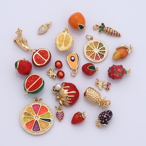 1 pcs Gold Fruit Pendant,18K Gold Filled CZ Strawberry Charm,Enamel Watermelon Charm DIY Bracelet Necklace Jewelry Making Findings Supply