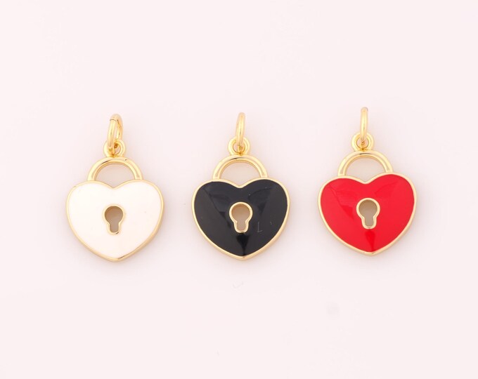 1 pcs Gold Enamel Heart Pendant,18K Gold Filled Lock Charm,Heart Charms DIY Bracelet Necklace Jewelry Making Findings Supply