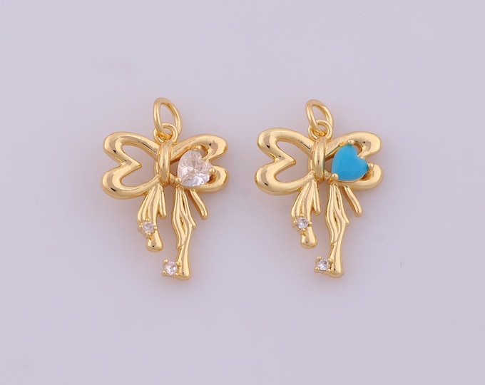 1 pcs Gold CZ Bow Pendant,18K Gold Filled Tie Charm,Heart Charms DIY Bracelet Necklace Jewelry Making Findings Supply