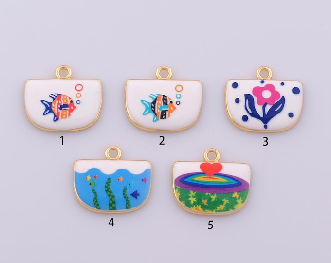1 pcs Enamel Fish Pendant,18K Gold Filled Marine Life Charm,Flower Charms DIY Necklace Jewelry Making Finding Supply