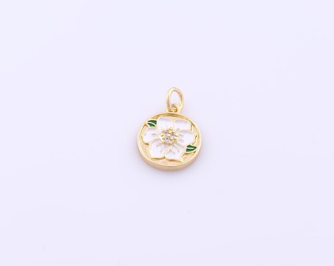 1 pcs Gold Enamel Cherry Blossom Pendant,18K Gold Filled Flower Charm,CZ Round Charms DIY Bracelet Necklace Jewelry Making Findings Supply