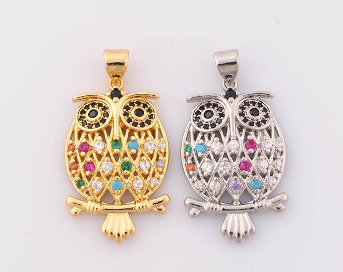 1 pcs Gold CZ Owl Pendant,18K Gold Filled Owl Charm,Owl Charm DIY Bracelet Necklace Jewelry Making Findings Supply
