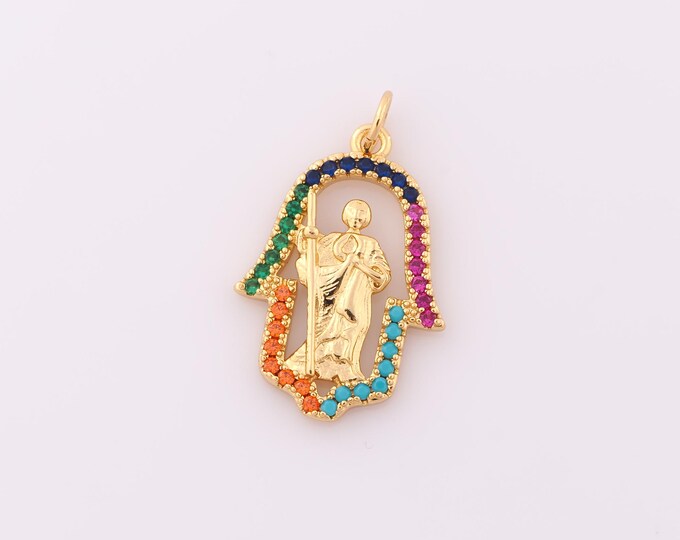 1 pcs Gold CZ St.Juda Pendant,18K Gold Filled Hamsa Charm,Saint Jude Charm DIY Bracelet Necklace Jewelry Making Findings Supply
