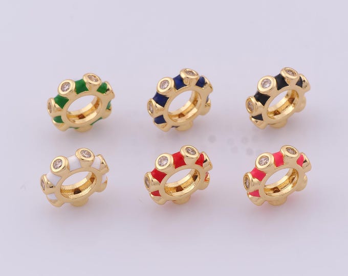 1 pcs 18K Gold Filled CZ Round Spacer Beads,Large Hole Beads,Enamel Flat Beads for DIY Jewelry Making Findings Supply