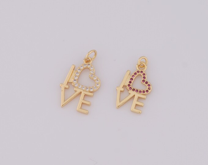 1 pcs Gold LOVE Pendant,18K Gold Filled CZ Heart Charm,Heart Charm DIY Bracelet Necklace Jewelry Making Findings Supply