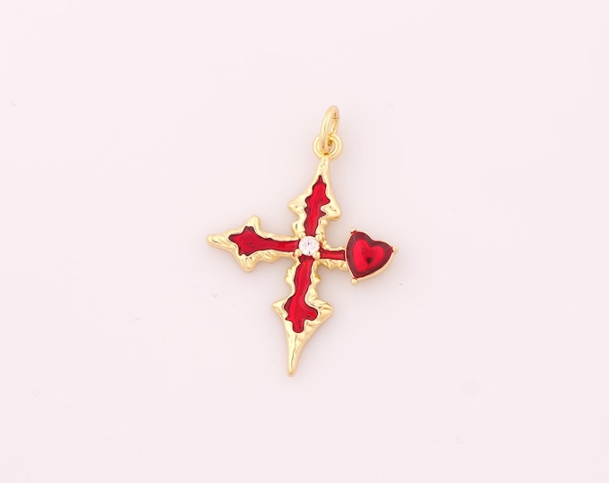 1 pcs Gold Enamel Cross Pendant,18K Gold Filled Religious Charm,Heart Charms DIY Bracelet Necklace Jewelry Making Findings Supply