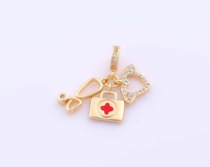 1 pcs Enamel Stethoscope Pendant,18K Gold Filled First Aid Kit Charm,CZ Heart Charms DIY Bracelet Necklace Jewelry Making Findings Supply
