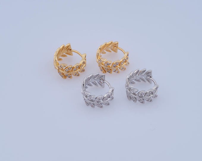 1 pair Gold CZ Leaf Earrings,18K Gold Filled Huggie Hoop Earring ,Hoop Earrings,Hypoallergenic Huggie Hoop,Gift for Her
