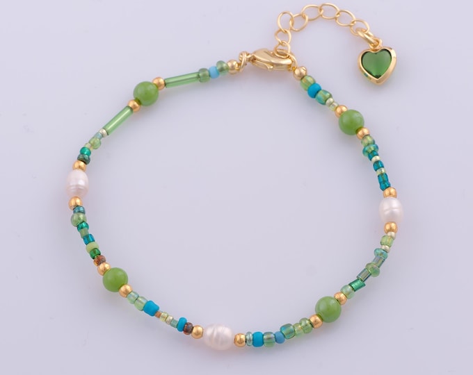 1 Str Gold Natural Stone Bracelet,18K Gold Filled Beaded Bracelet,Heart Extension ChainBracelet,Gift for Her
