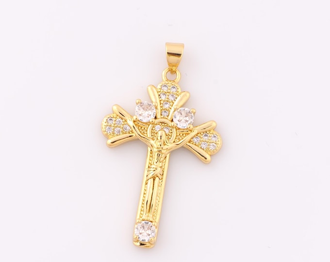 1 pcs Gold CZ Cross Pendant,18K Gold Filled Religious Charm,Victim Charm DIY Bracelet Necklace Jewelry Making Findings Supply