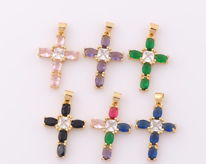 1 pcs Gold CZ Cross Pendant,18K Gold Filled Religion Charm,Christian Charm DIY Bracelet Necklace Jewelry Making Findings Supply