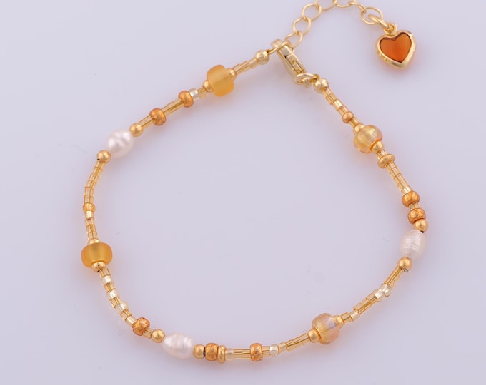 1 Str Gold Natural Stone Bracelet,18K Gold Filled Beaded Bracelet,Heart Extension ChainBracelet,Gift for Her