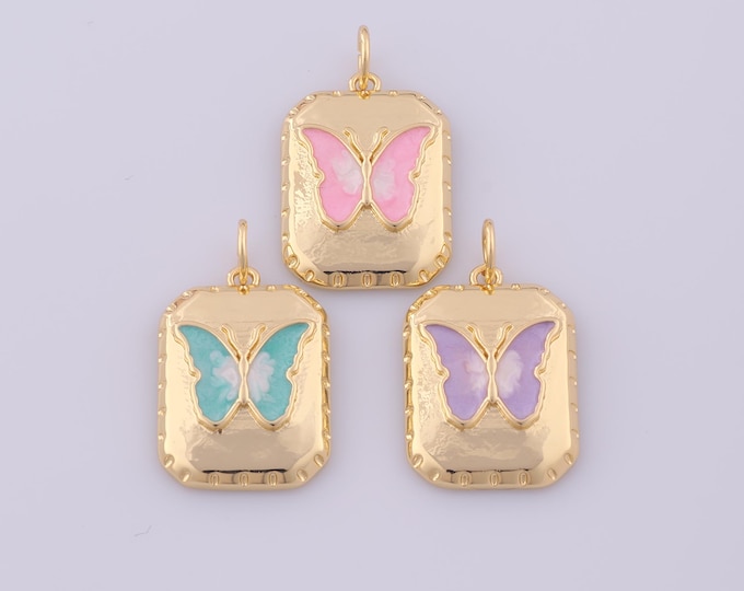 1 pcs Gold Enamel Butterfly Pendant,18K Gold Filled Insect Charm,Square Charms DIY Bracelet Necklace Jewelry Making Findings Supply