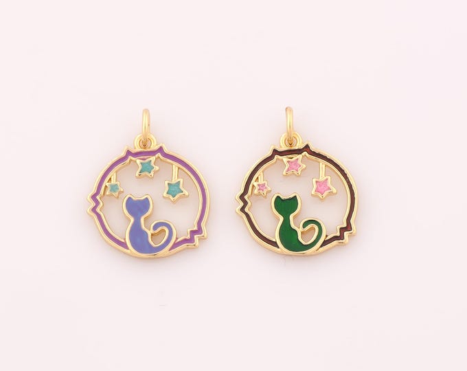1 pcs Gold Enamel Cute Cat Pendant,18K Gold Filled Animal Charm,Star Charms DIY Bracelet Necklace Jewelry Making Findings Supply