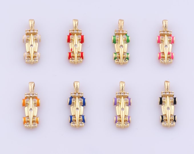 1 pcs Gold Enamel Racing Pendant,18K Gold Filled F1 Racing Charm,CZ Racing Charms DIY Bracelet Necklace Jewelry Making Findings Supply