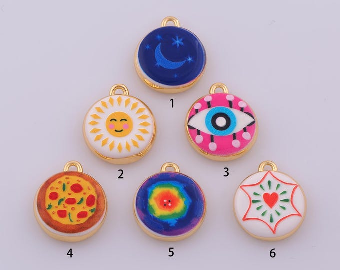 1 pcs Enamel Sun Moon Star Pendant,18K Gold Filled Heart Evil Eye Charm,Pizza Charms DIY Necklace Jewelry Making Finding Supply