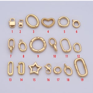 May include: Nineteen gold-toned metal connector charms for jewelry making. The charms include a variety of shapes, such as circles, ovals, hearts, stars, and infinity symbols.