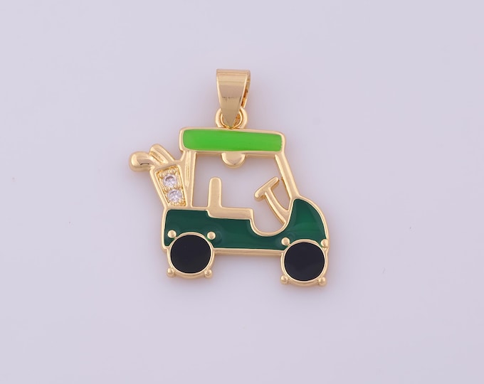 1 pcs Gold Enamel Golf Cart Pendant,18K Gold Filled Golf Charm,CZ Car Charms DIY Bracelet Necklace Jewelry Making Findings Supply