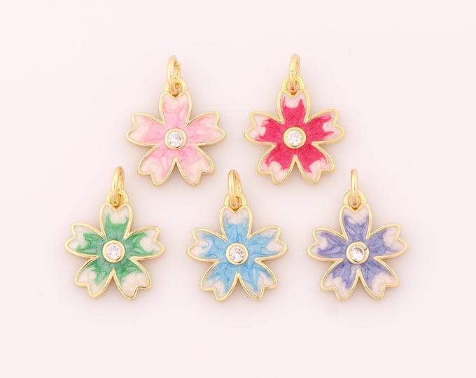 1 pcs Gold Enamel Flower Pendant,18K Gold Filled Flower Charm,CZ Flower Charms DIY Bracelet Necklace Jewelry Making Findings Supply