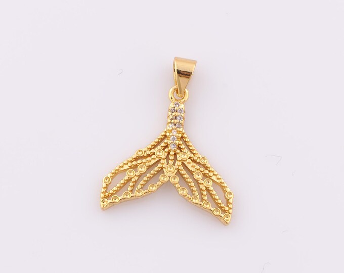 1 pcs Gold CZ Fishtail Pendant,18K Gold Filled Fishtail Charm,Fishtail Charm DIY Bracelet Necklace Jewelry Making Findings Supply