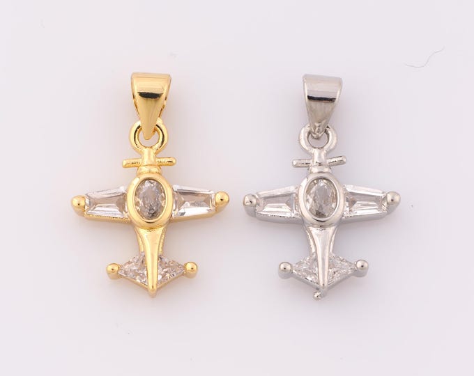1 pcs Gold CZ Airplane Pendant,18K Gold Filled Airplane Charm,Airplane Charm DIY Bracelet Necklace Jewelry Making Findings Supply