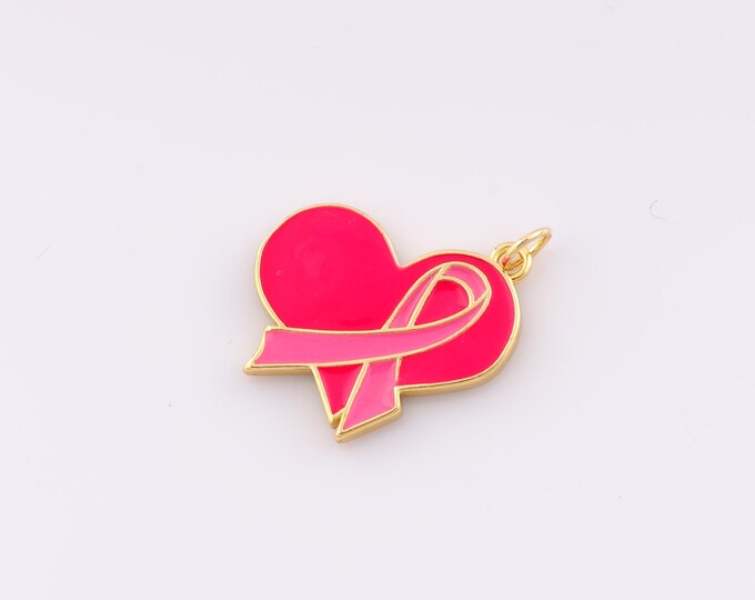 Gold Enamel Breast Cancer Awareness Silk Ribbon Pendant,18K Gold Filled Heart Charm DIY Bracelet Necklace Jewelry Making Findings Supply