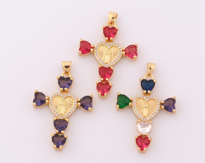 1 pcs Gold CZ Cross Pendant,18K Gold Filled Heart Charm,Virgin Mary Charm DIY Bracelet Necklace Jewelry Making Findings Supply
