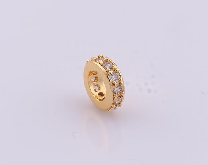 1 pcs 18K Gold Filled CZ Round Spacer Beads,Large Hole Beads,Flat Beads for DIY Jewelry Making Findings Supply