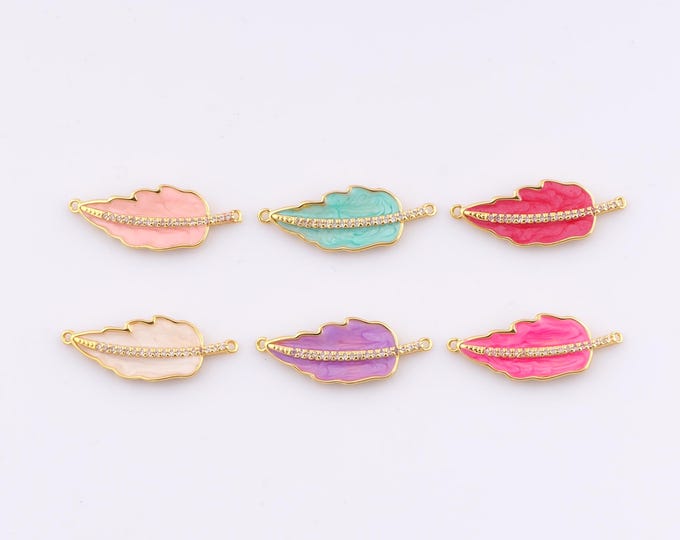 Gold CZ Feather Pendant,18K Gold Filled Enamel Minimalist Charm,Feather Connector Charm,DIY Bracelet Necklace Jewelry Making Findings Supply
