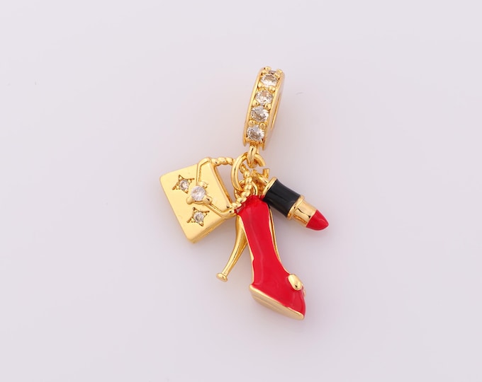 1 pcs Gold Enamel High Heels Pendant,18K Gold Filled Bag Charm,Lipstick Charm DIY Bracelet Necklace Jewelry Making Findings Supply