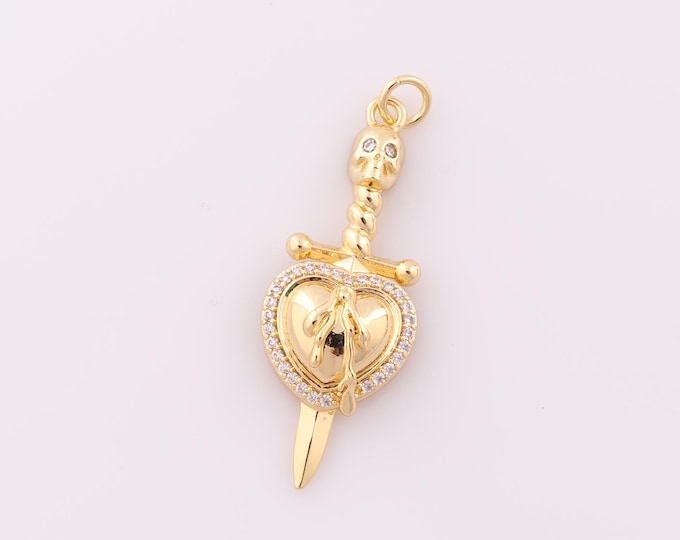 1 pcs Gold CZ Weapon Pendant,18K Gold Filled Skull Charm,Heart Charm DIY Bracelet Necklace Jewelry Making Findings Supply