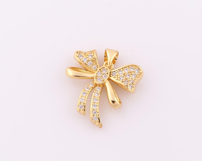 1 pcs Gold CZ Bow Pendant,18K Gold Filled Bow Charm,Bow Charm DIY Bracelet Necklace Jewelry Making Findings Supply