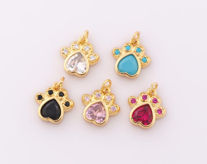 1 pcs Gold CZ Animal Footprint Pendant,18K Gold Filled Footprint Charm,Heart Charm DIY Bracelet Necklace Jewelry Making Findings Supply