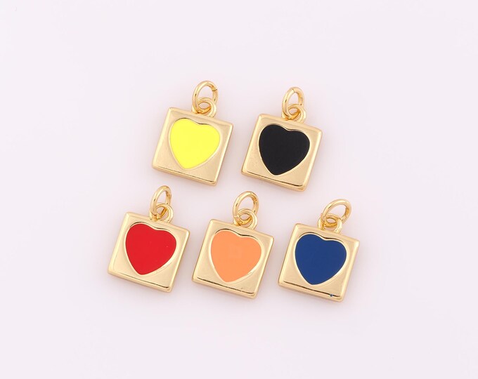 1 pcs Gold Heart Pendant,18K Gold Filled Square Charm,Enamel Heart Charm DIY Bracelet Necklace Jewelry Making Findings Supply